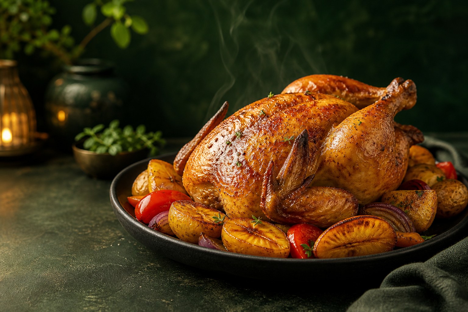 Golden roasted chicken with plantain, potatoes, peppers, and herbs