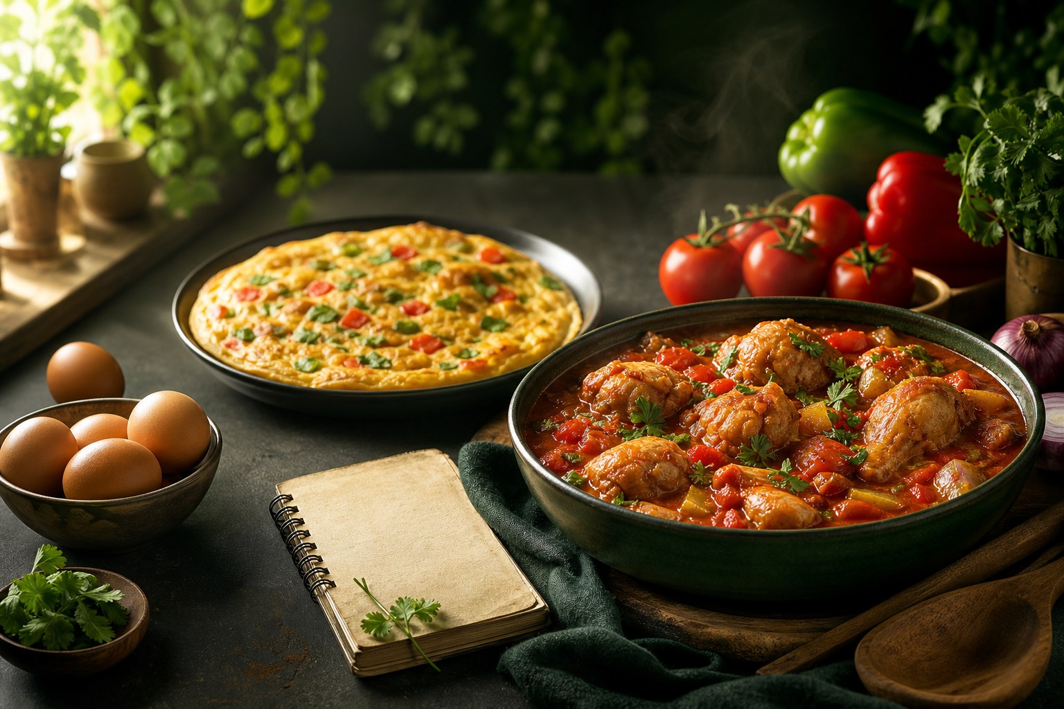 Chicken stew, vegetable omelette, eggs, and fresh ingredients arranged for cooking