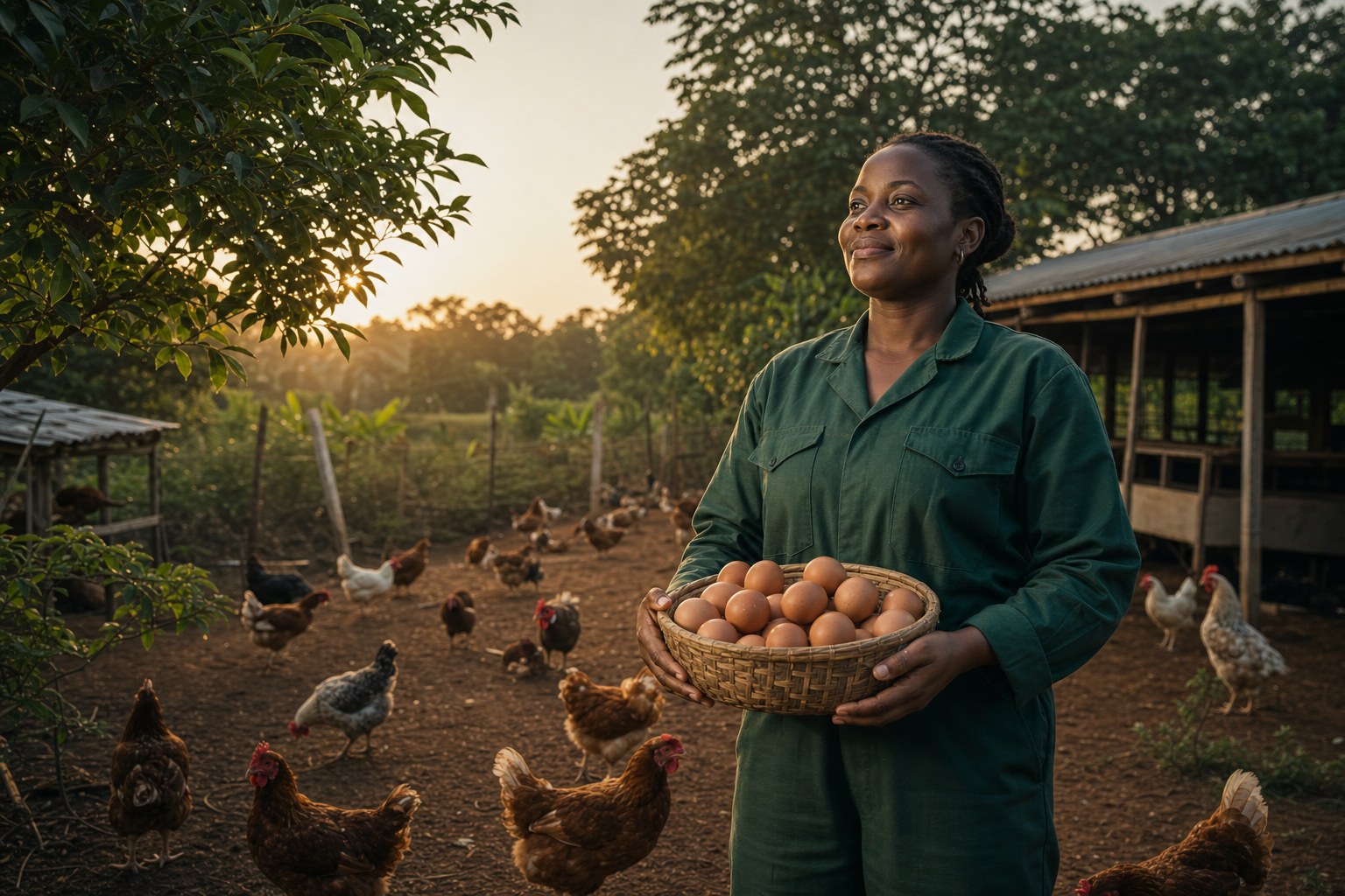 Une avicultrice africaine tenant un panier d’œufs frais parmi des poules élevées en plein air