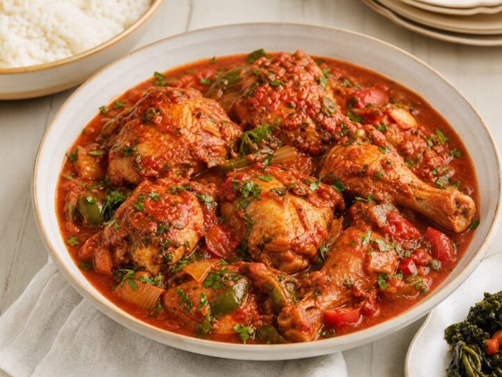 Cooked chicken pieces in a rich tomato and vegetable stew