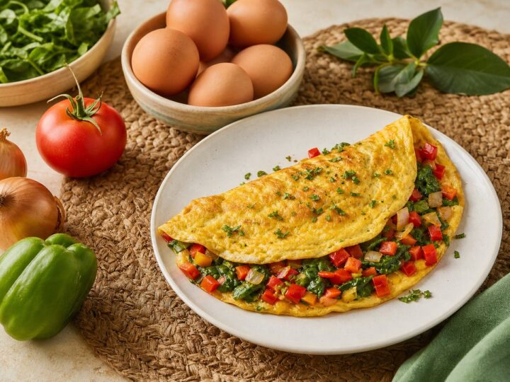 Vegetable omelette served with fresh eggs and vegetables