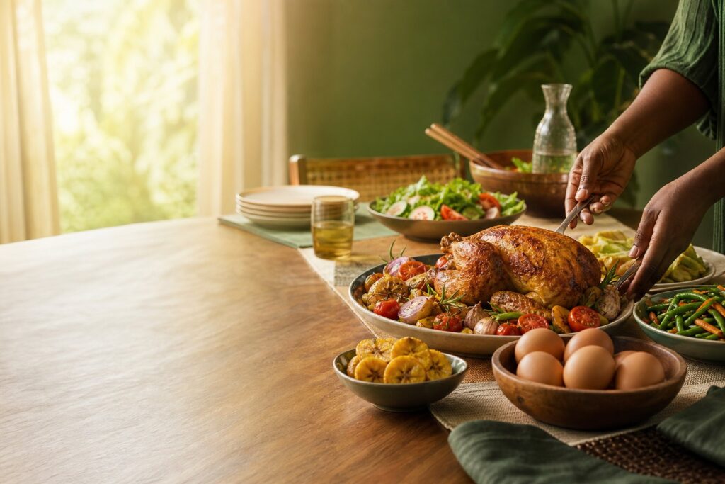 Une table familiale avec du poulet rôti, des œufs, des légumes et des plats à partager