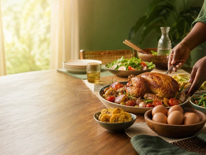 Une table familiale avec du poulet rôti, des œufs, des légumes et des plats à partager