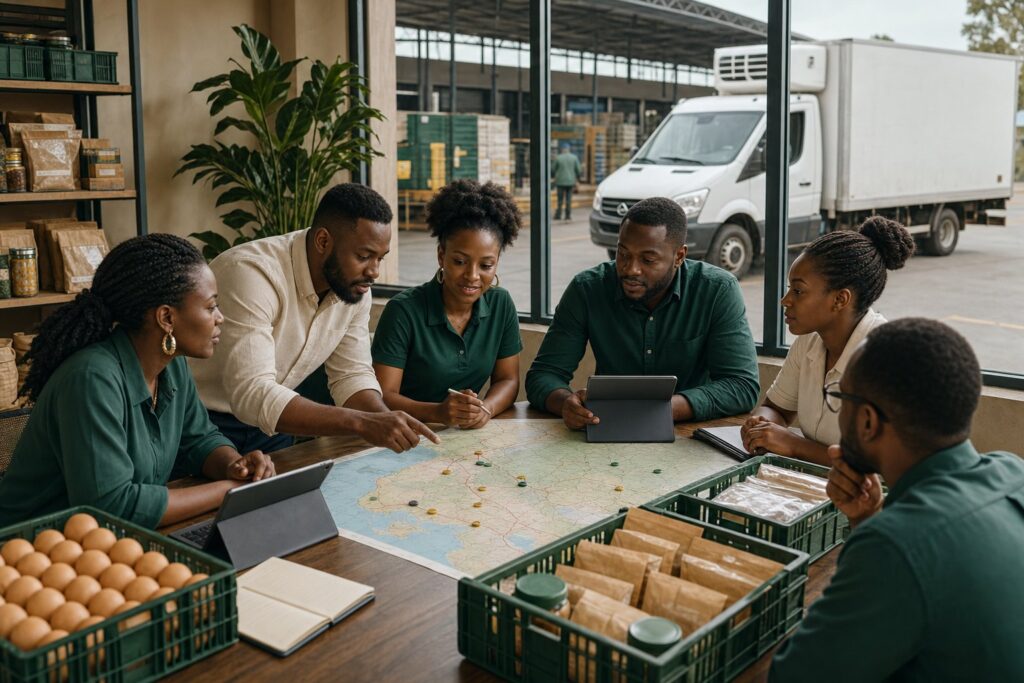 An African operations team planning regional food distribution from Cameroon