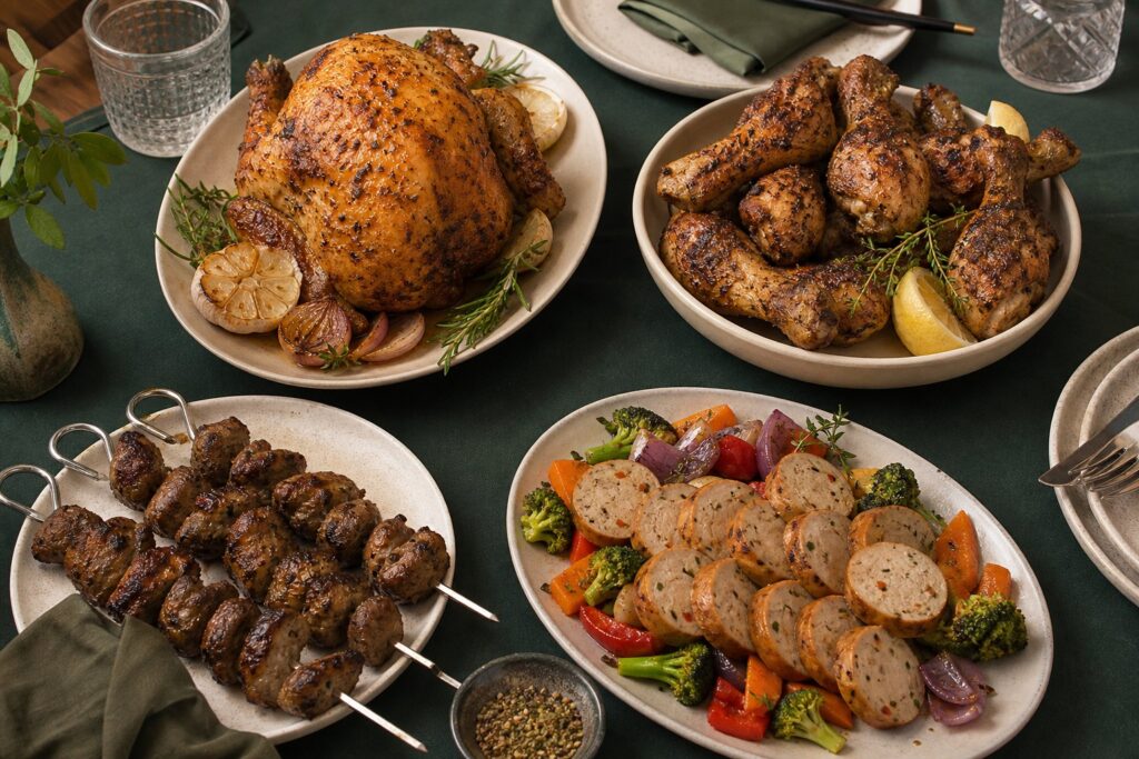 A family-style spread of cooked whole chicken, drumsticks, gizzards, and sausage
