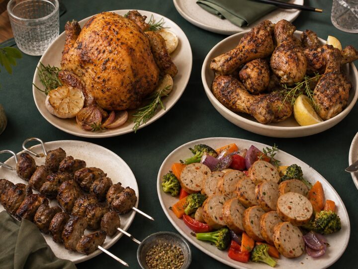 Un assortiment familial de poulet entier, de pilons, de gésiers et de saucisses cuits