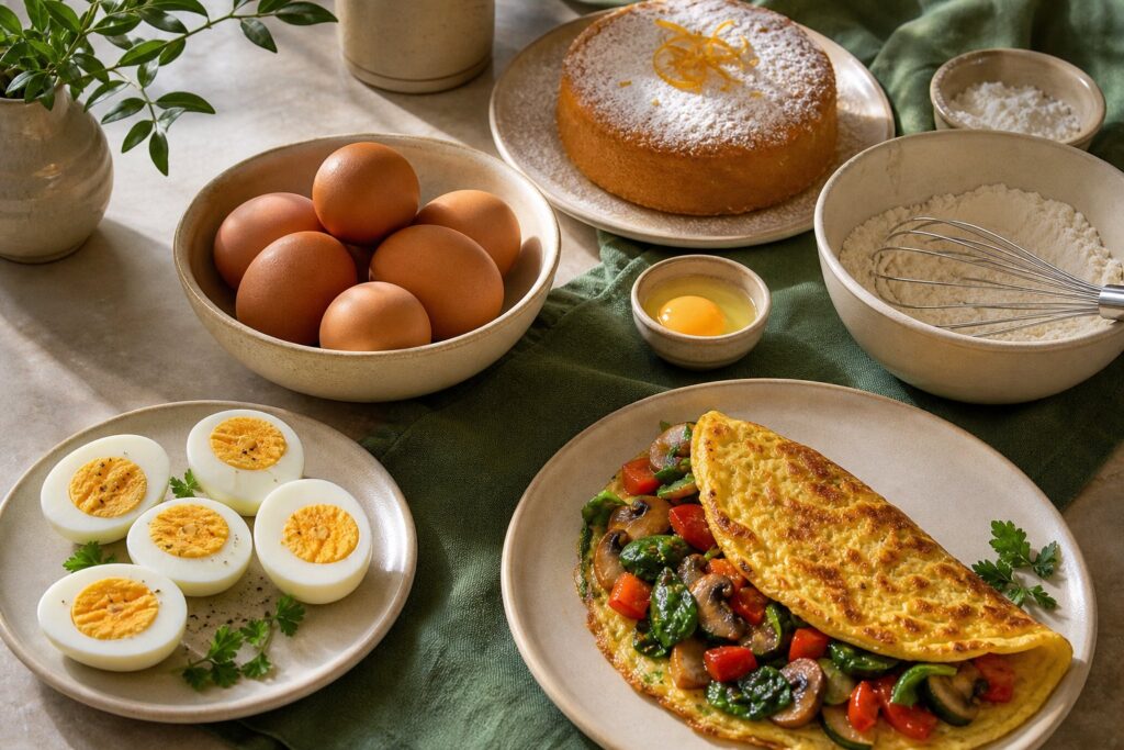 Fresh eggs served as an omelette, boiled eggs, and home baking ingredients