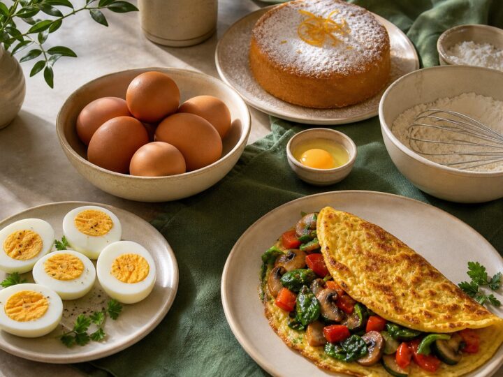 Des œufs frais présentés en omelette, en œufs durs et avec des ingrédients de pâtisserie maison