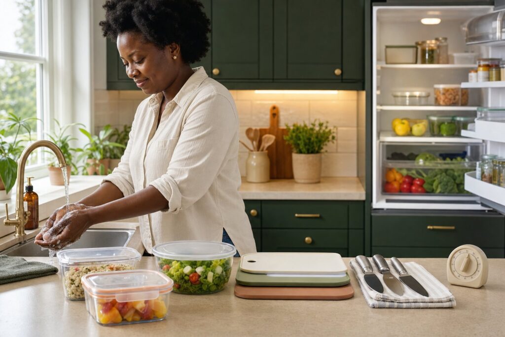 A home cook washing hands beside organized food storage and clean utensils