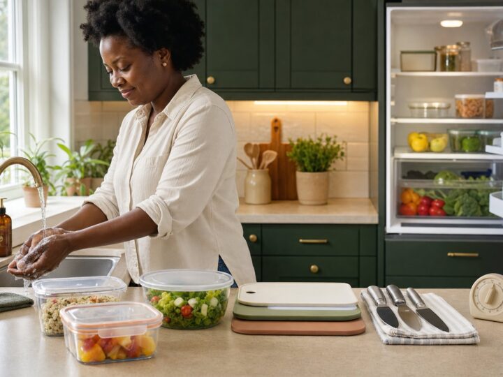 Une cuisinière se lavant les mains près de contenants alimentaires rangés et d’ustensiles propres