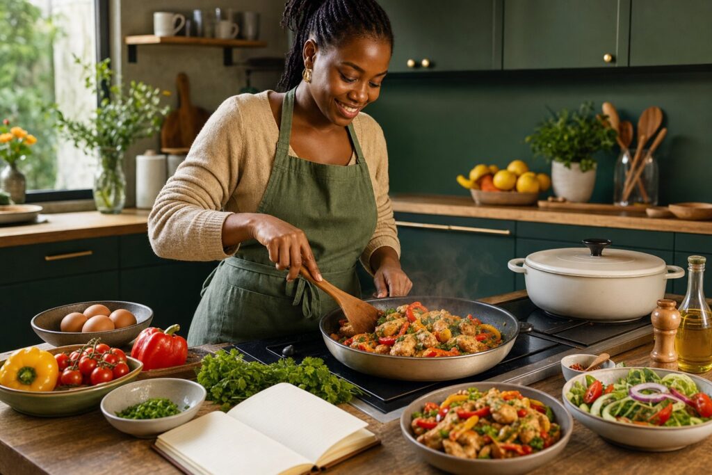Une cuisinière africaine préparant un repas coloré de poulet et de légumes