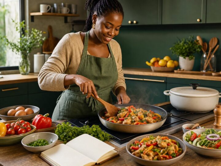 Une cuisinière africaine préparant un repas coloré de poulet et de légumes