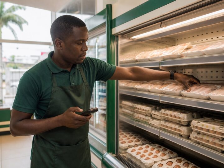 Un responsable de magasin rangeant de la volaille emballée et des œufs dans une vitrine réfrigérée
