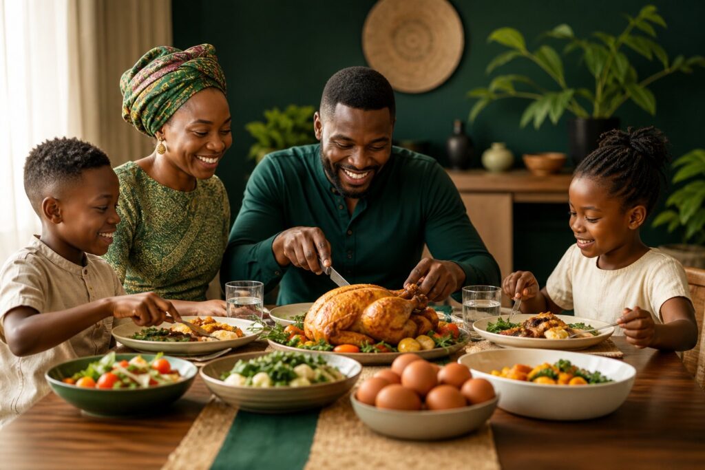 Une famille africaine partageant à la maison un repas de poulet rôti et d’œufs