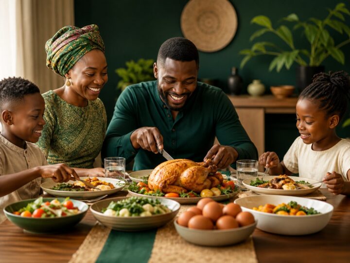 Une famille africaine partageant à la maison un repas de poulet rôti et d’œufs