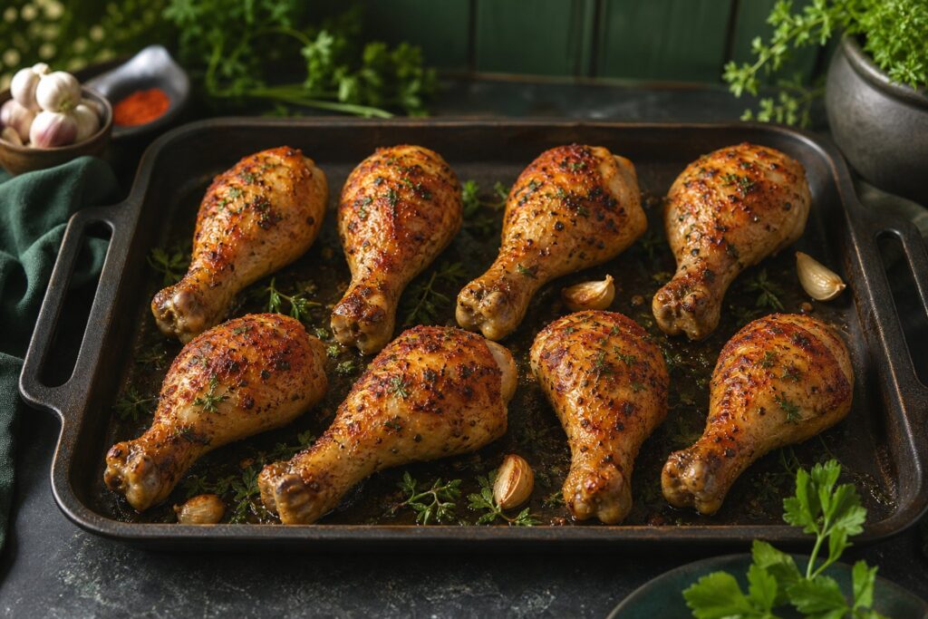 Huit pilons de poulet dorés au four avec de l’ail et des herbes