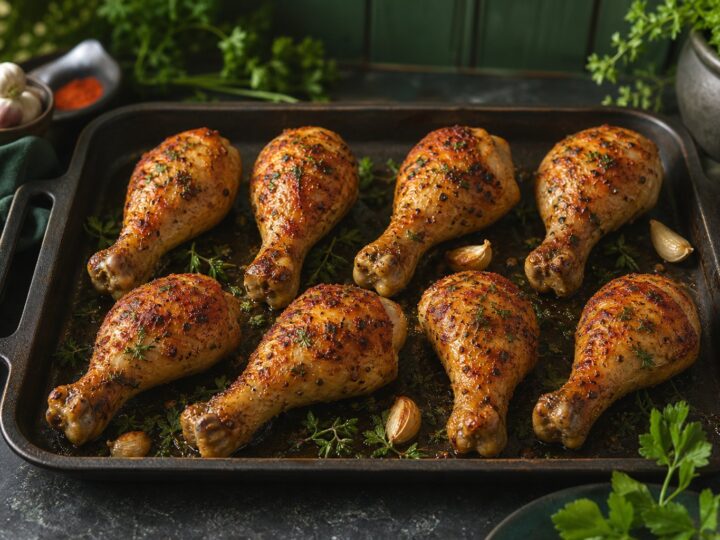 Eight golden oven-baked chicken drumsticks with garlic and herbs