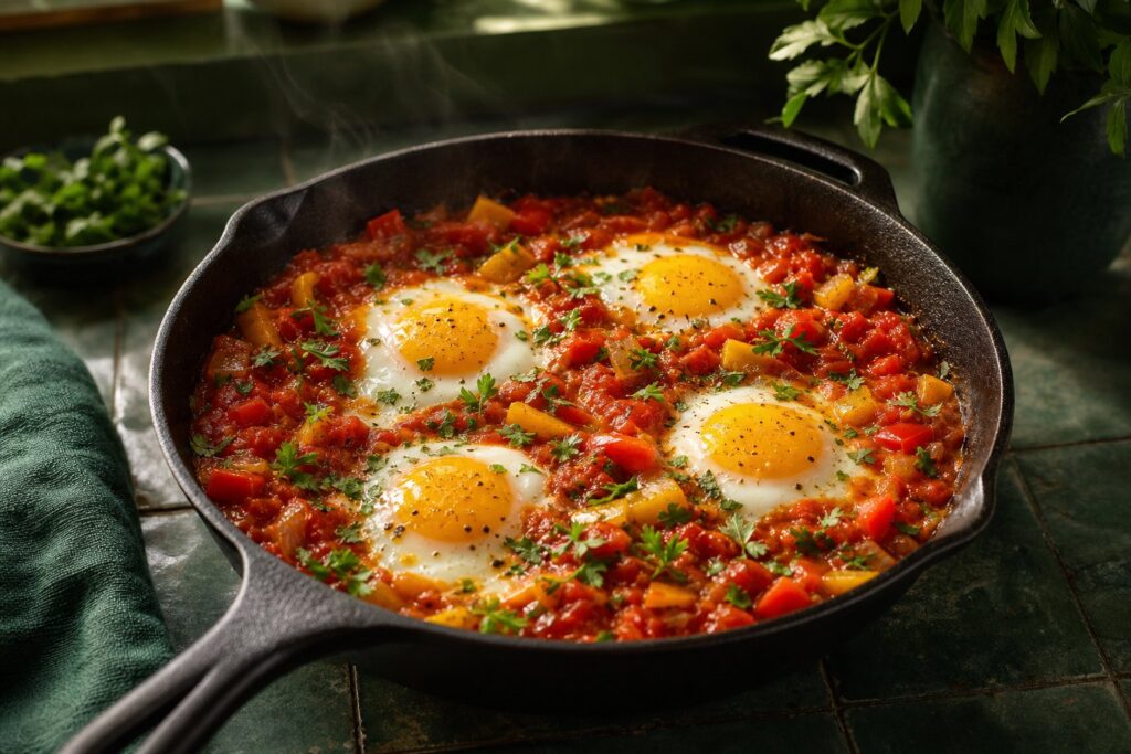 Quatre œufs cuits dans une sauce aux tomates, aux oignons et aux poivrons