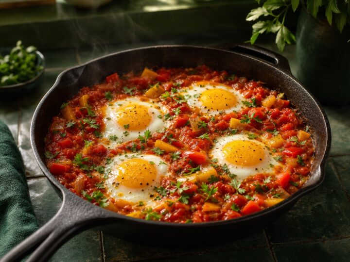 Four eggs cooked in a tomato, onion, and sweet pepper sauce