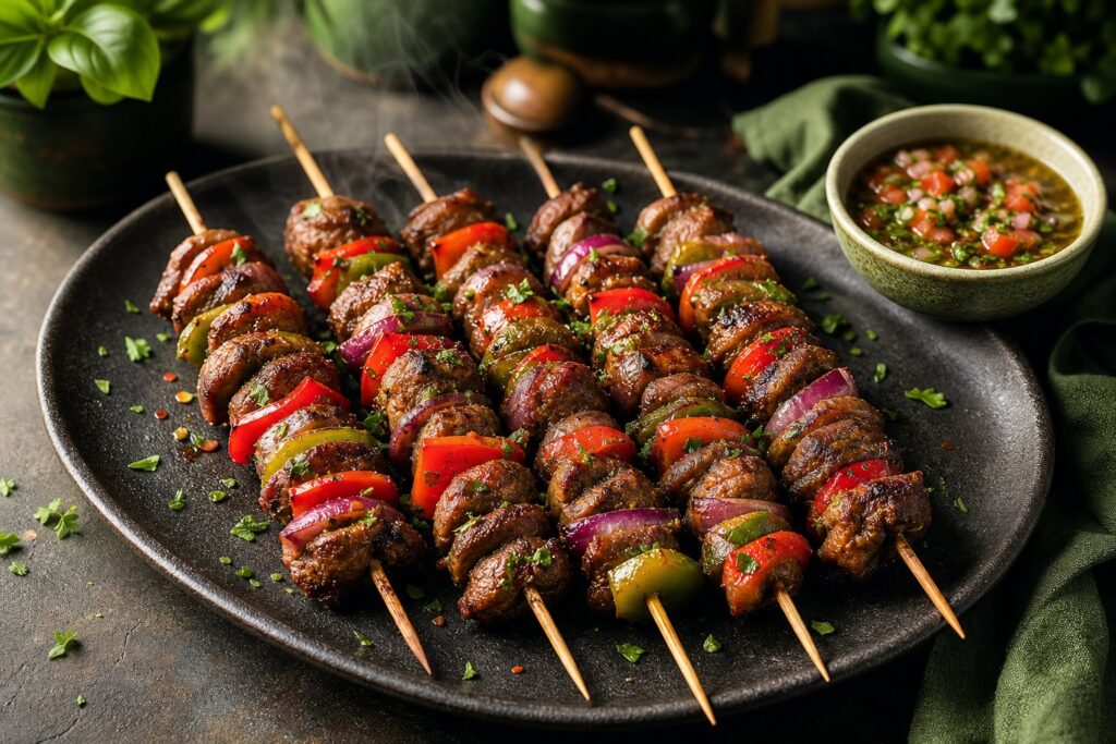 Grilled chicken gizzard skewers with peppers, onions, and fresh herbs