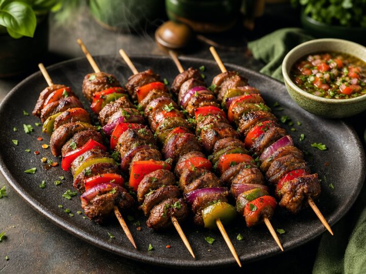 Grilled chicken gizzard skewers with peppers, onions, and fresh herbs