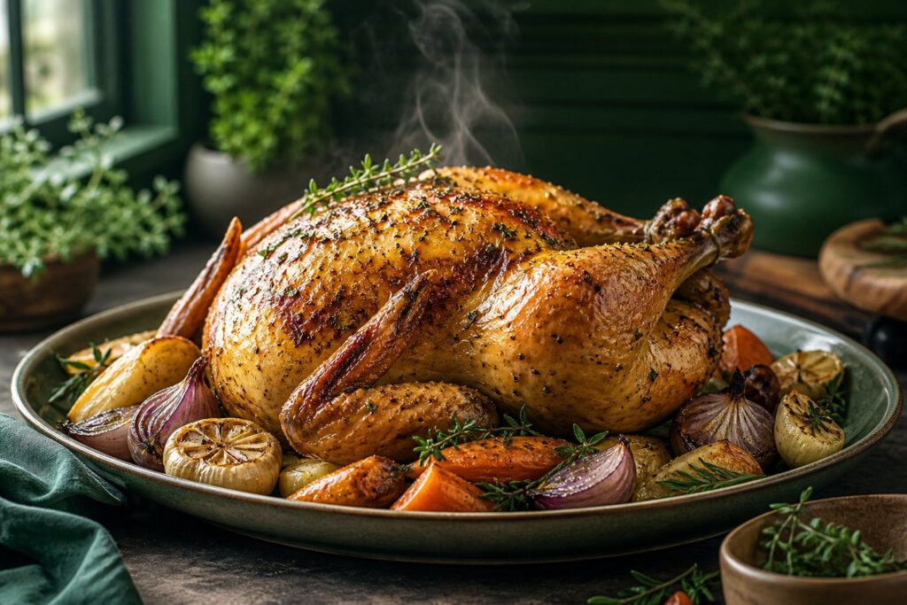 Golden whole roasted chicken with garlic, herbs, onions, and vegetables