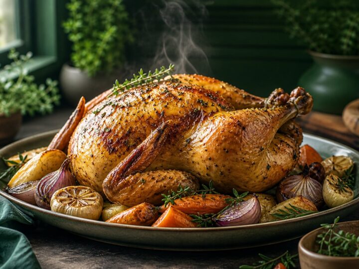 Golden whole roasted chicken with garlic, herbs, onions, and vegetables