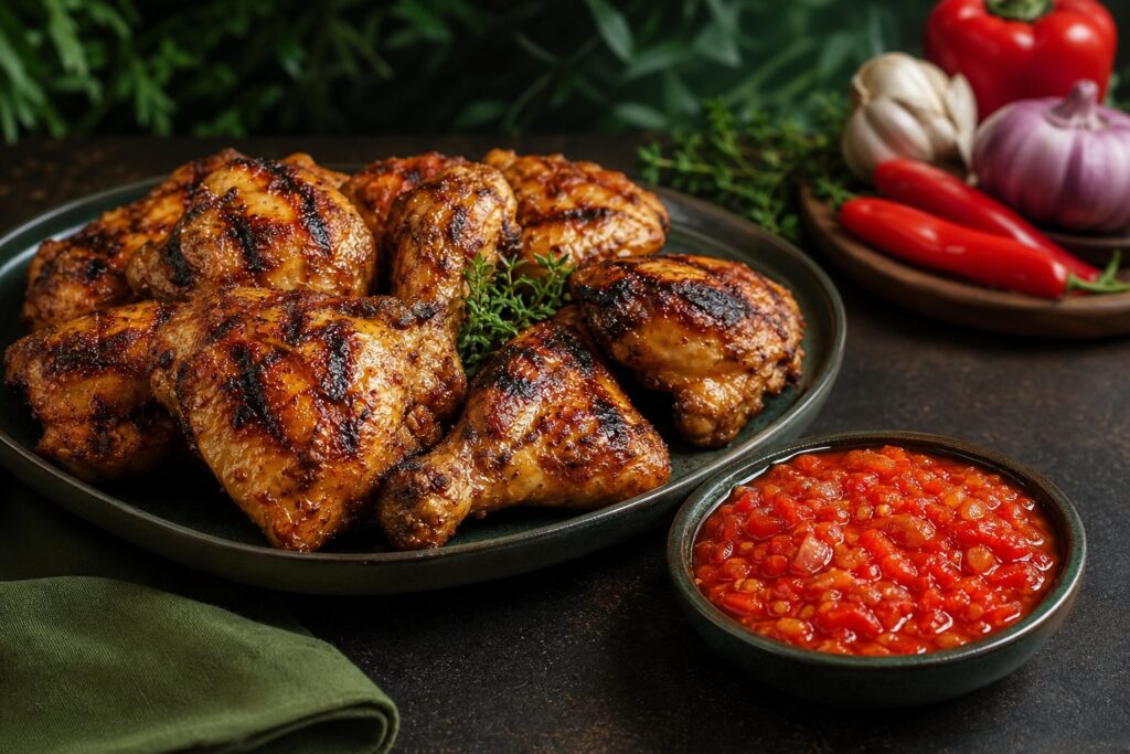 Grilled chicken portions served with fresh red pepper sauce
