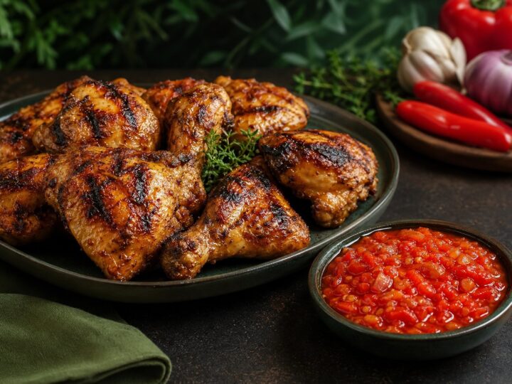 Grilled chicken portions served with fresh red pepper sauce