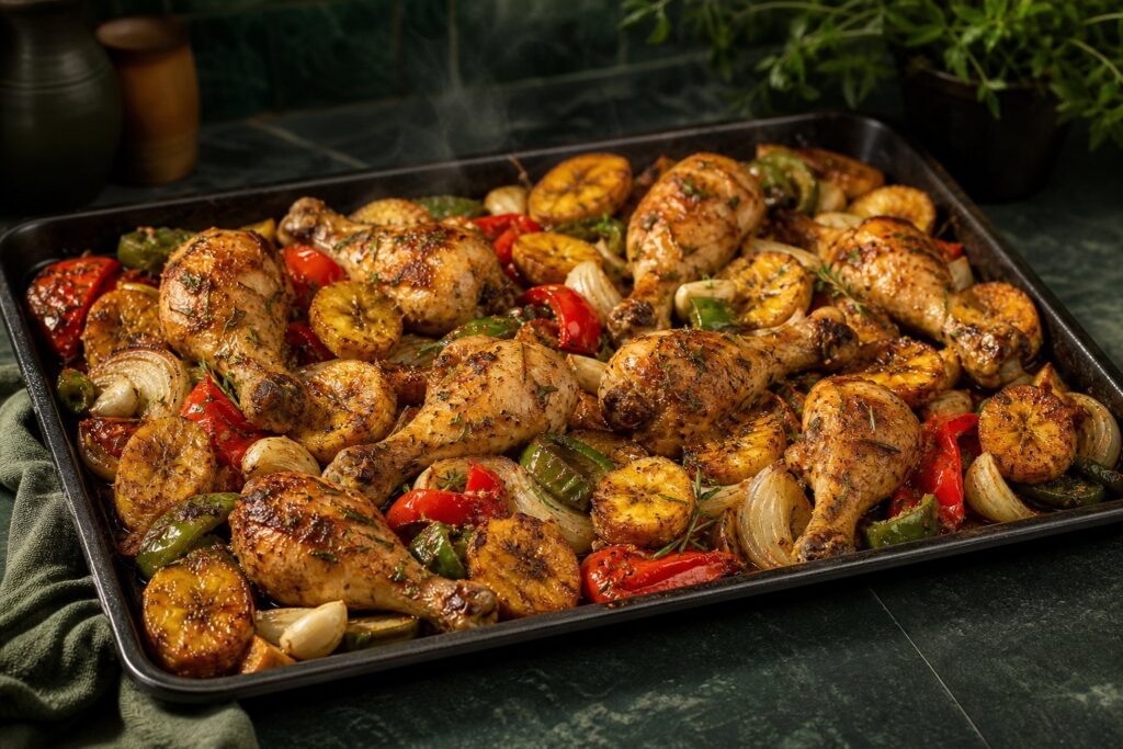 Roasted chicken drumsticks with ripe plantain, peppers, and onions