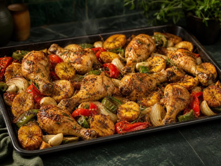 Roasted chicken drumsticks with ripe plantain, peppers, and onions