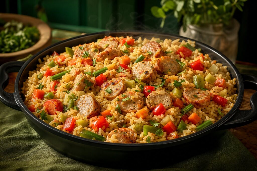 Rice with sliced chicken sausage, carrots, peppers, and green beans