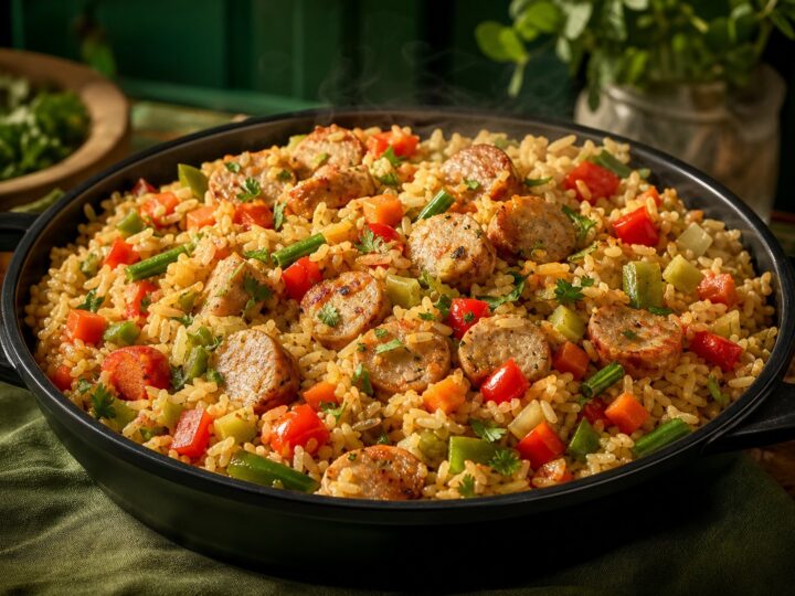 Rice with sliced chicken sausage, carrots, peppers, and green beans