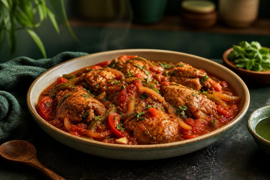 Cooked chicken portions in a rich tomato, pepper, and onion stew