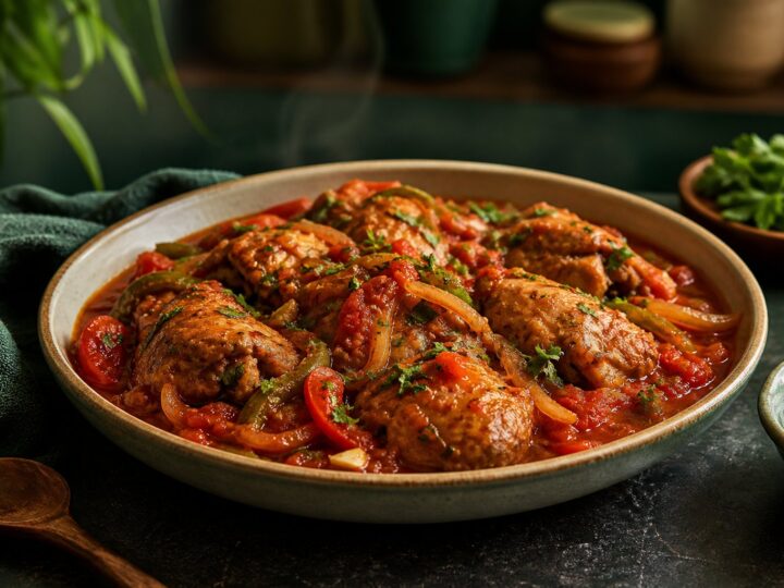 Cooked chicken portions in a rich tomato, pepper, and onion stew