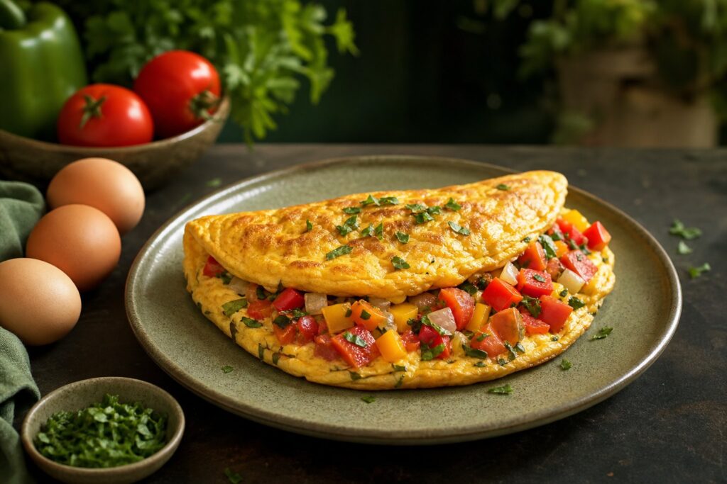 Golden omelette filled with tomatoes, peppers, onions, and fresh herbs