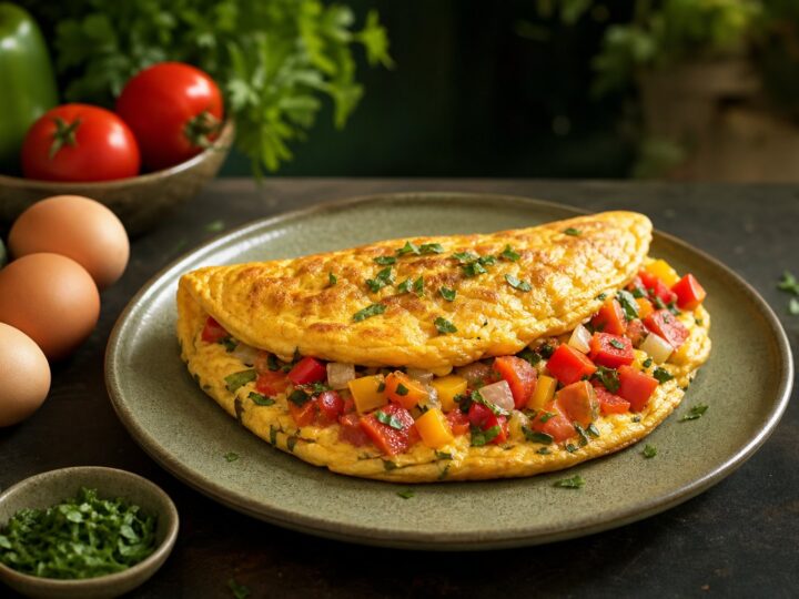 Golden omelette filled with tomatoes, peppers, onions, and fresh herbs